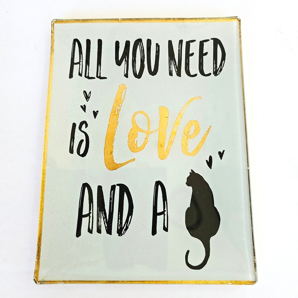Vintage Glass Cat Trinket Dish All You Need Is Love And A Cat Gold Catchall Tray